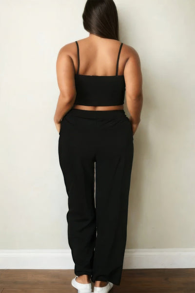 Plus Bustier Crop Cami Top & Slant Pocket Straight Pants - Black