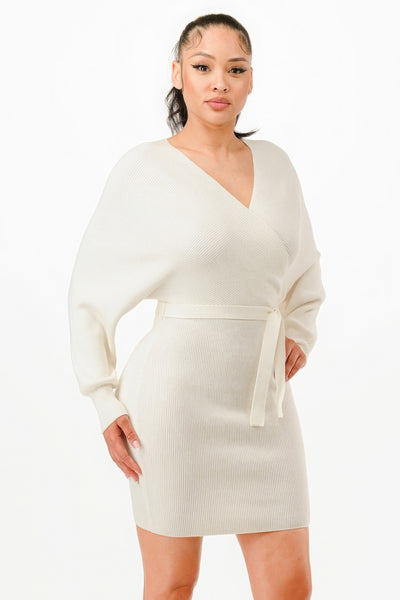 Off Shoulder Wrap Belted Ribbed Sweather Dress - Ivory