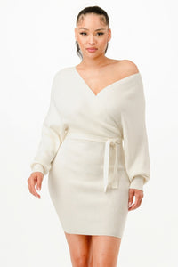 Off Shoulder Wrap Belted Ribbed Sweather Dress - Ivory