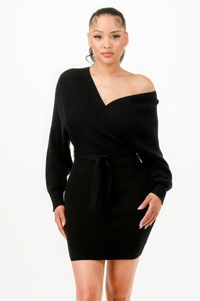 Off Shoulder Wrap Belted Ribbed Sweather Dress - Black