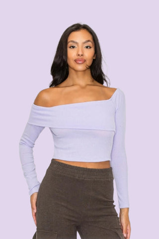 Bardot ribbed long sleeve crop top