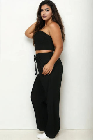 Plus Bustier Crop Cami Top & Slant Pocket Straight Pants - Black