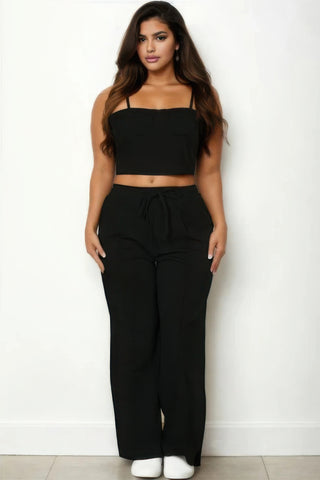 Plus Bustier Crop Cami Top & Slant Pocket Straight Pants - Black