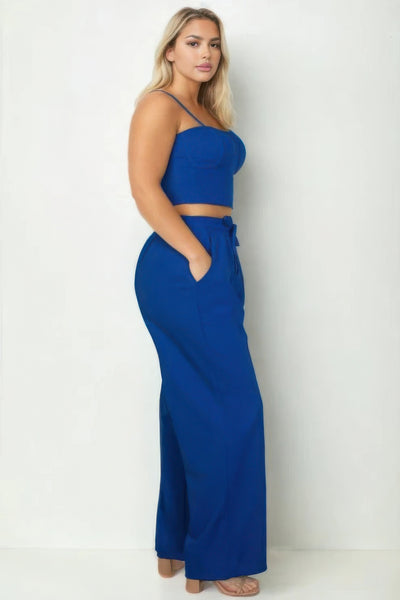 Plus Bustier Crop Cami Top & Slant Pocket Straight Pants - Royal Blue