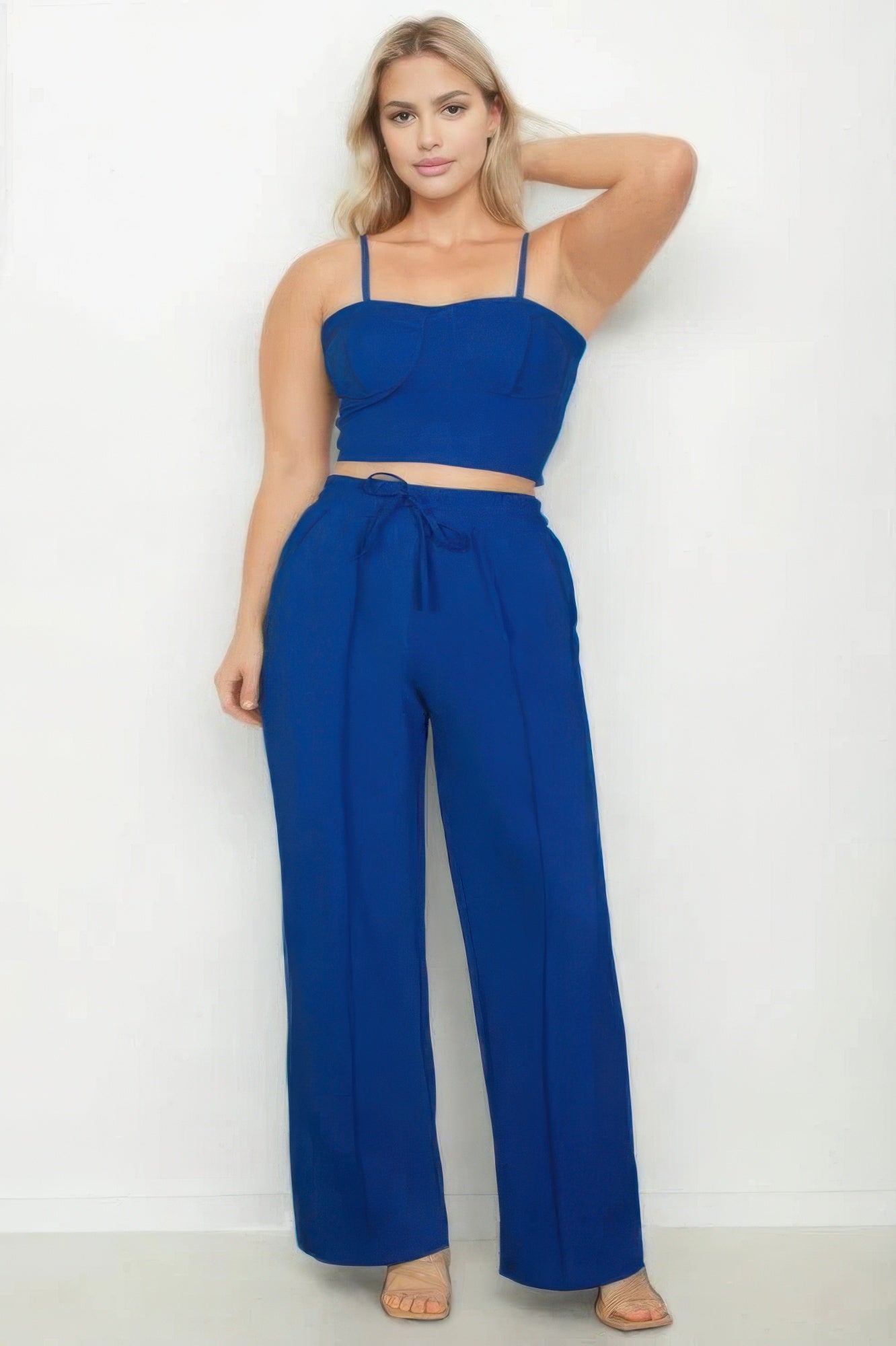 Plus Bustier Crop Cami Top & Slant Pocket Straight Pants - Royal Blue