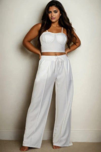 Plus Bustier Crop Cami Top & Slant Pocket Straight Pants - White