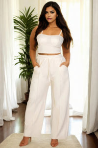 Plus Bustier Crop Cami Top & Slant Pocket Straight Pants - White