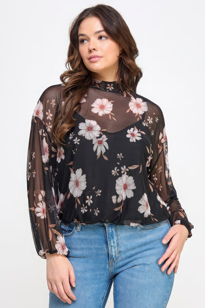 Mesh Floral Long-Sleeve Top w/Cami