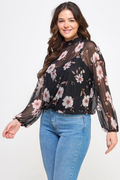 Mesh Floral Long-Sleeve Top w/Cami