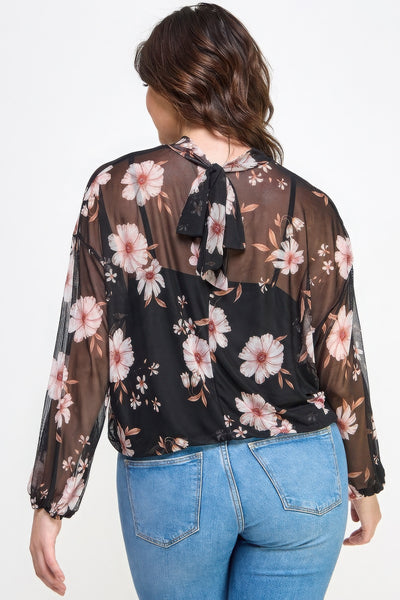 Mesh Floral Long-Sleeve Top w/Cami