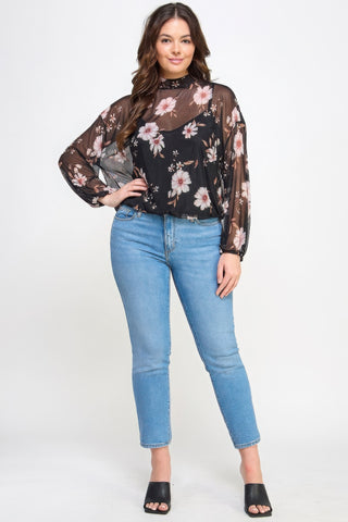 Mesh Floral Long-Sleeve Top w/Cami