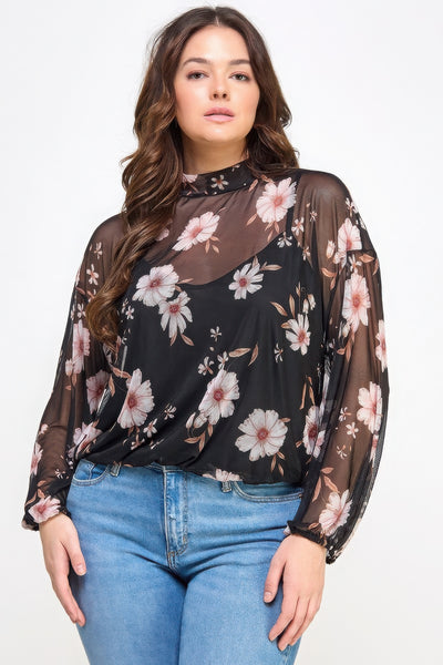 Mesh Floral Long-Sleeve Top w/Cami