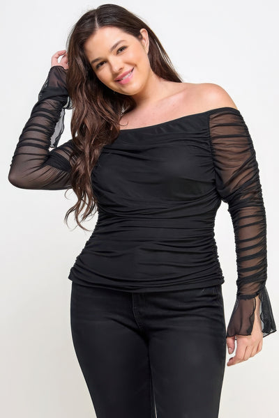 Off-the-Shoulder Ruched Mesh Top