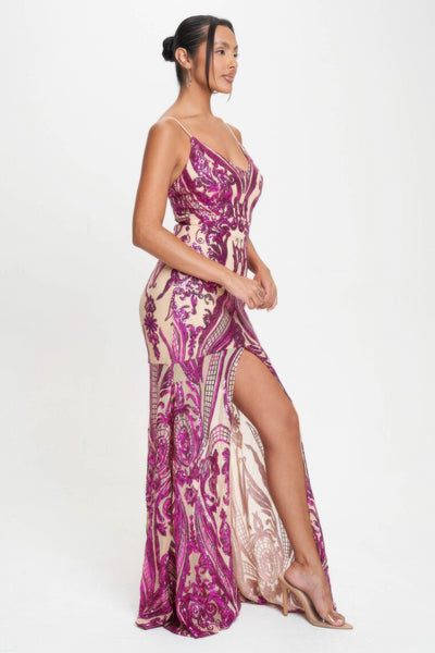 Spaghetti Strap Art Deco Sequins Maxi Dress - Fuschia