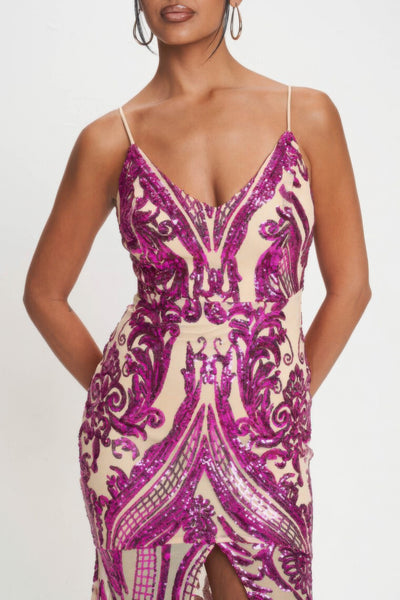 Spaghetti Strap Art Deco Sequins Maxi Dress - Fuschia