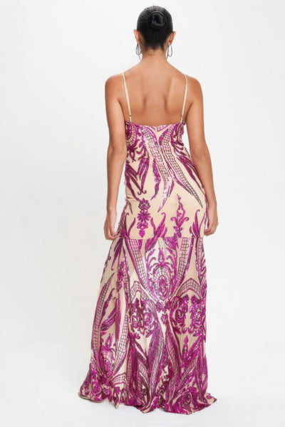 Spaghetti Strap Art Deco Sequins Maxi Dress - Fuschia