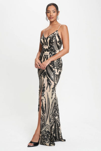 Spaghetti Strap Art Deco Sequins Maxi Dress - Classic Black