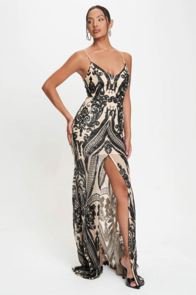 Spaghetti Strap Art Deco Sequins Maxi Dress - Classic Black