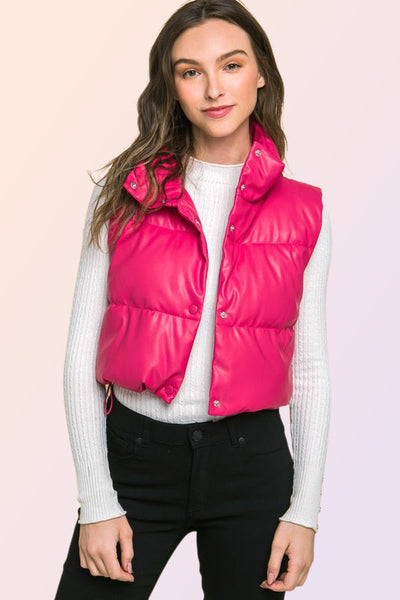 PU Faux Leather Puffer Vest with Snap Button