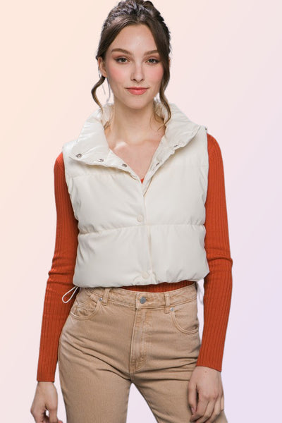 PU Faux Leather Puffer Vest with Snap Button