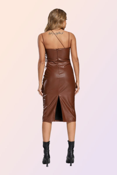 CHOCOLATE CITY VEGAN LEATHER MIDI DRESS