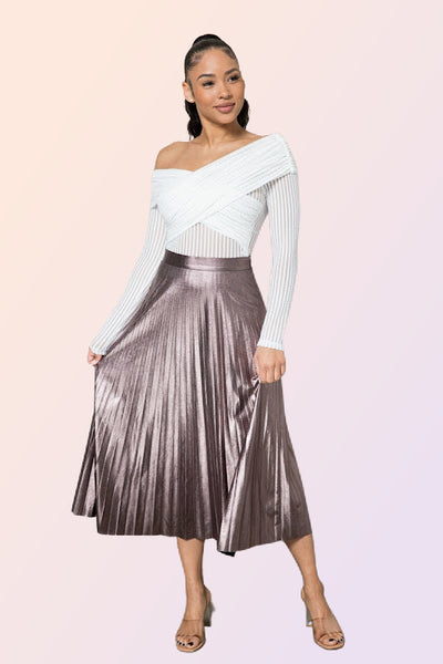 PAPHOS METALLIC PLEATED MIDI SKIRT